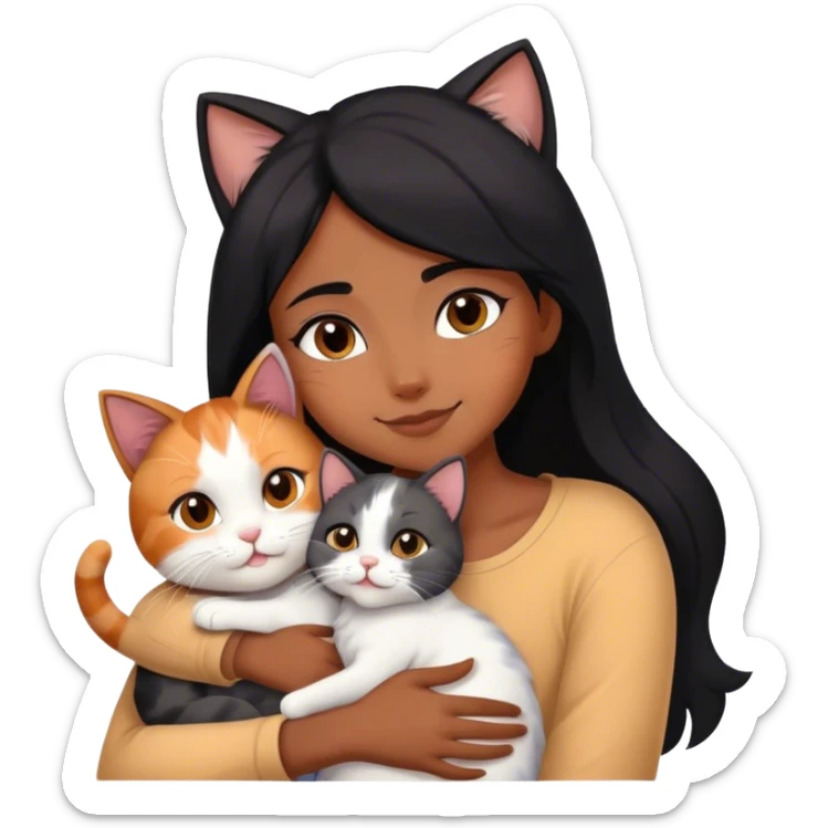 happy black haired girl hugging three cats  (carey cat, gray cat, white brown cat) sticker