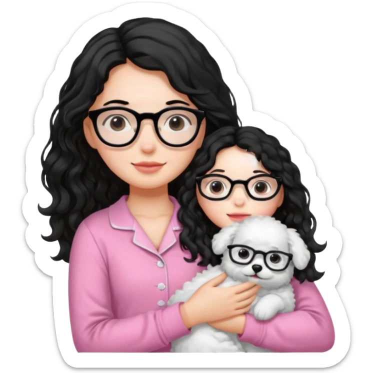 long wavy black haired girl wearing black framed glasses in a pink pjs while holding her fluffy white dog sticker
