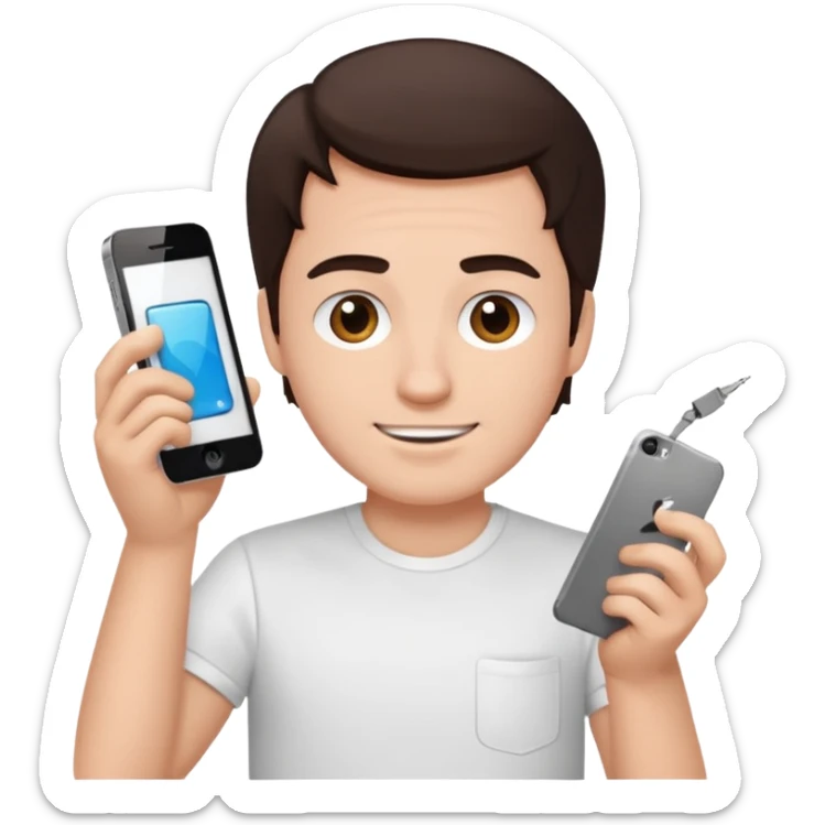 make a white guy with dark brown hair, with a simple white o grey shirt, repairing an iphone, un tecnico happy sticker