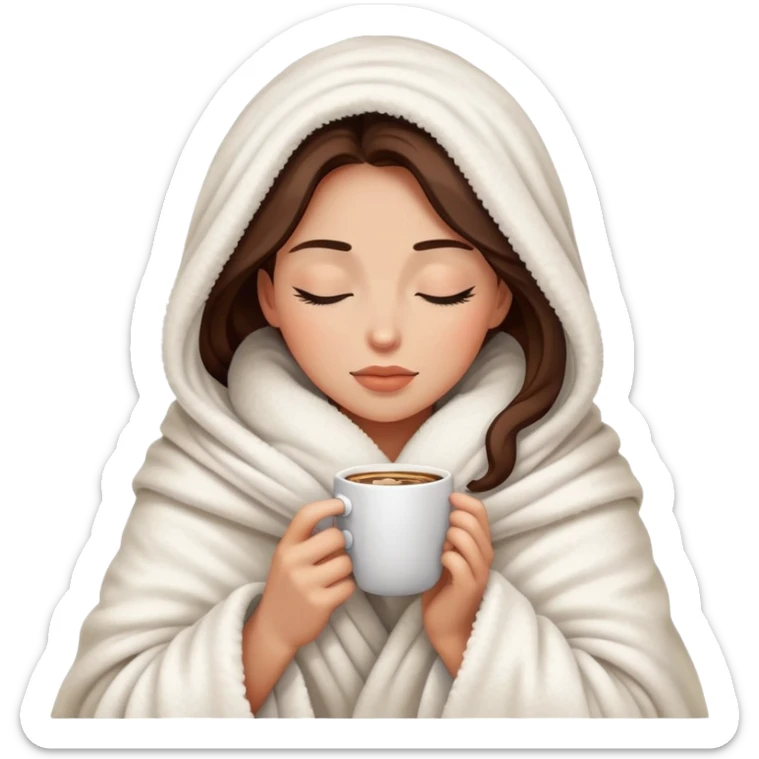 A Woman wrapped in a fluffy blanket sipping coffee with her eyes closed sticker