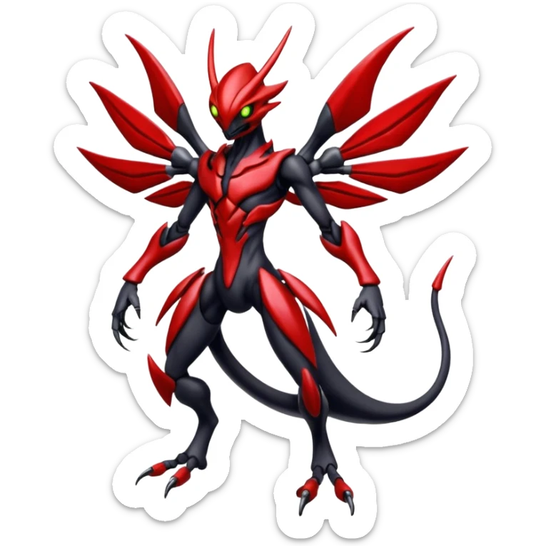 Futuristic shiny glossy edgy dark shady shadowy evil Scizor-Bisharp-Darkrai-Fakémon-hybrid-creature (full body) with white rib cage  sticker