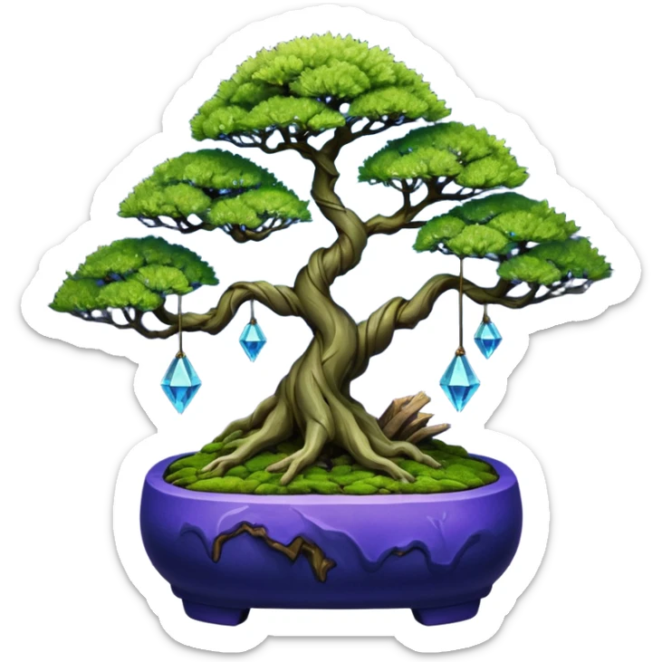 Futuristic wild glowing space alien moss maples shohin Bonsai hair-pine-leaf group multi faceted intricate crystalline-inspired boxwood purple blue informal rocky cliffhanger eight trees forest planting in shallow willow slab style pot with big animal-like feet  sticker
