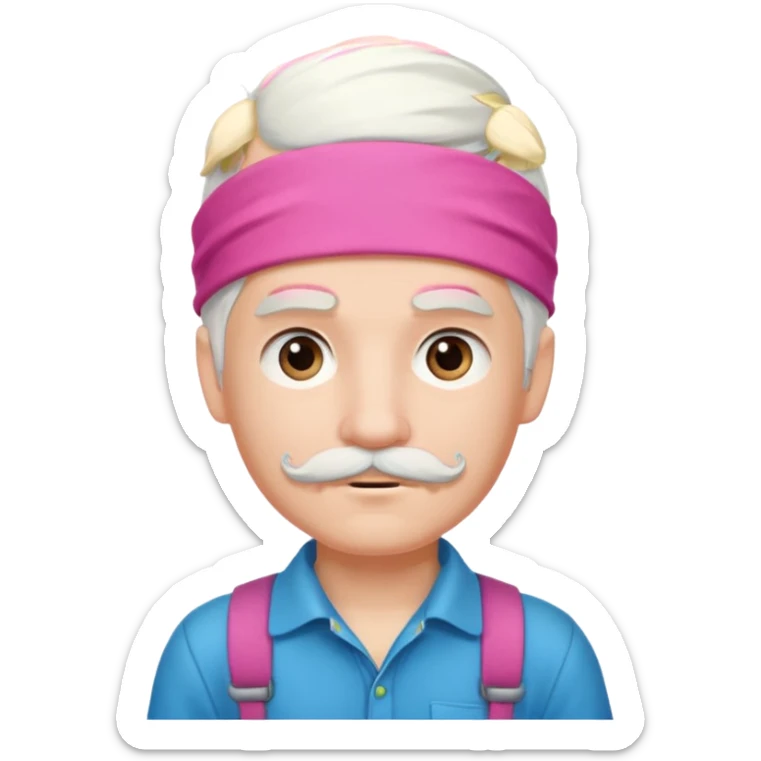 young climber boy with white hair and pink headband and mustache sticker