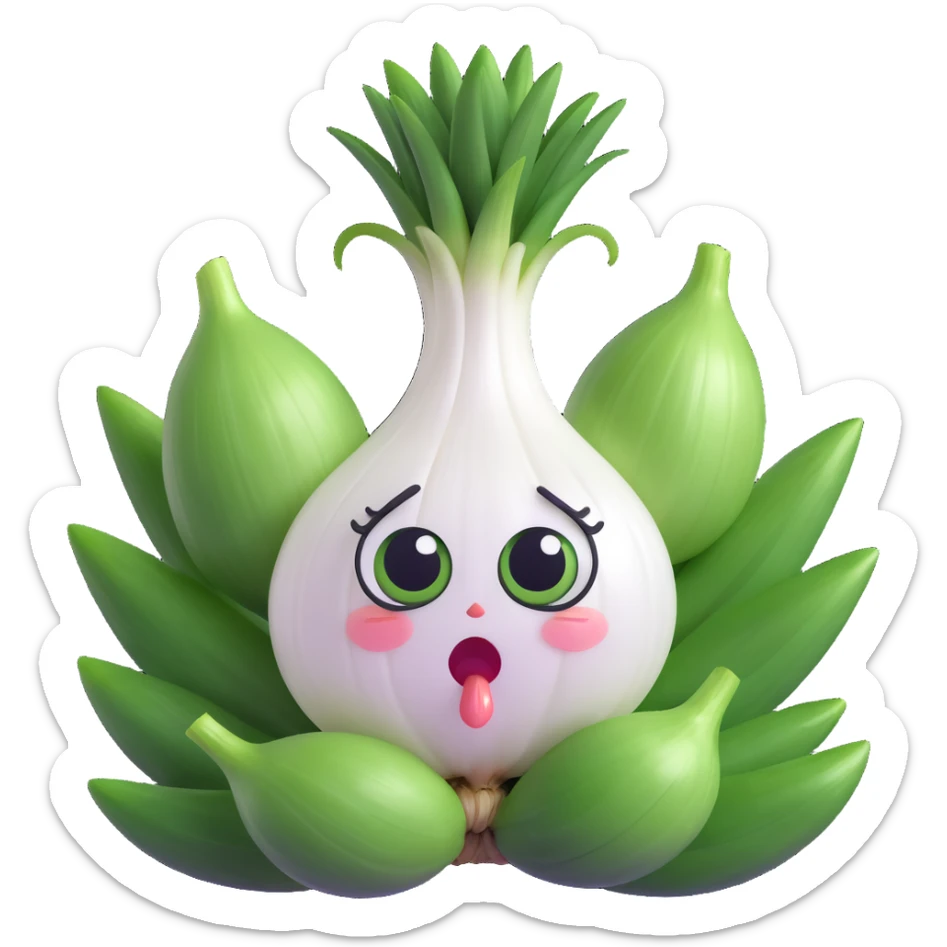 adorable anthropomorphic green onion, 3D chibi style, round white onion body, large expressive eyes, green leaves as hair, exaggerated crying with onion juice tears spraying, humorous and expressive, pastel kawaii, soft smooth textures, high quality lighting sticker