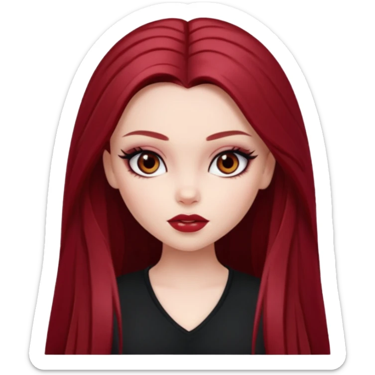 pale skin, girly bratz baddie, beautiful dark brown eyes, pretty makeup, long dark red straight hair sticker