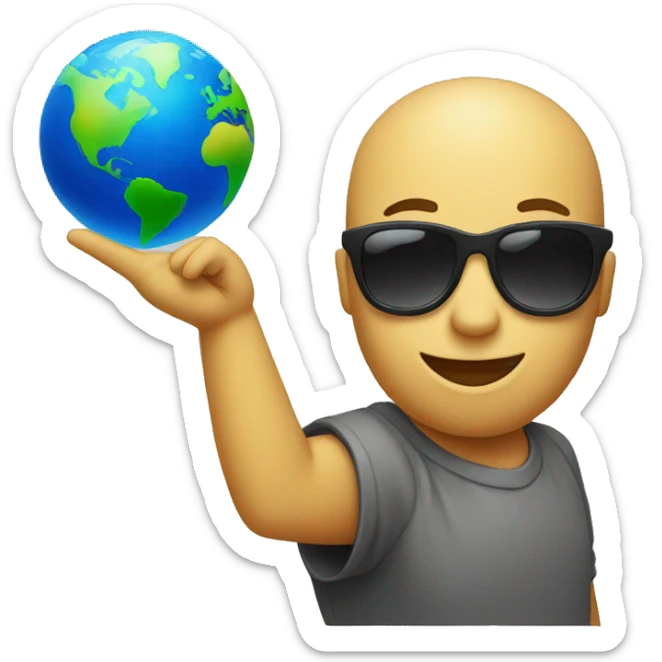 a standard emoji with sunglasses and hand which spins a globe by the index finger sticker