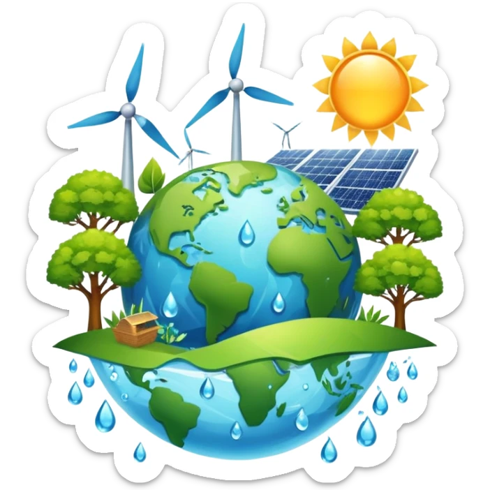An icon featuring a green Earth, a tree, recycling symbols, and renewable energy sources like wind turbines, solar panels, and hydropower. The design includes animals, water droplets, and the sun, representing ecology, sustainable energy, and environmental protection. Transparent background. sticker