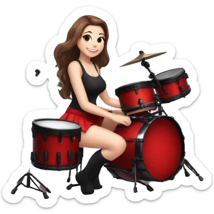 alistic full body caucasian curvy beauty short black skirt front view knickers long white socks sitting playing red drumkit sticker