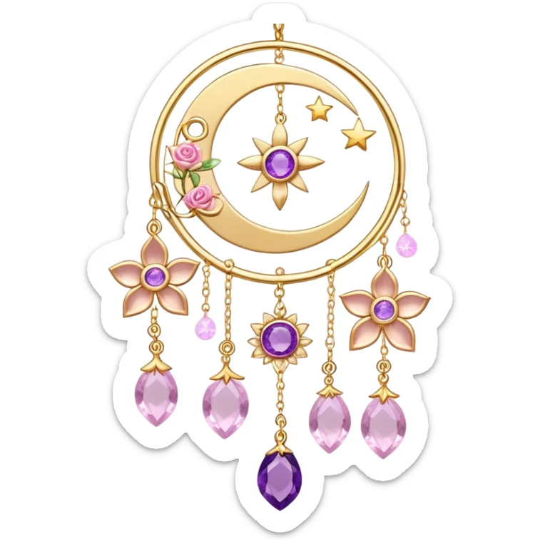Epic beautiful gorgeous cute gold suncatcher, threads with shiny sparkly amethyst and rose-quartz gemstones, flowers, crescents-moons, stars sticker