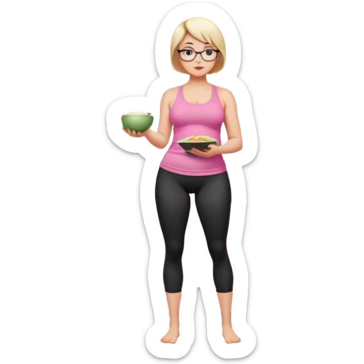 Full body view from the side, fair skinned woman, curvy, short blond hair, small reading glasses, cooking dinner in kitchen, pink loose tank top, showing natural B cup breast shape SFW, black yoga pants, large curvy booty sticker