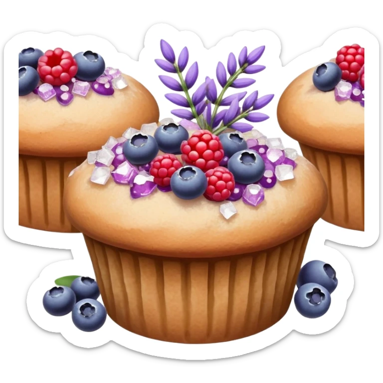 Lavender flower sprigs on a muffin with berries and sugar crystals without frosting  sticker