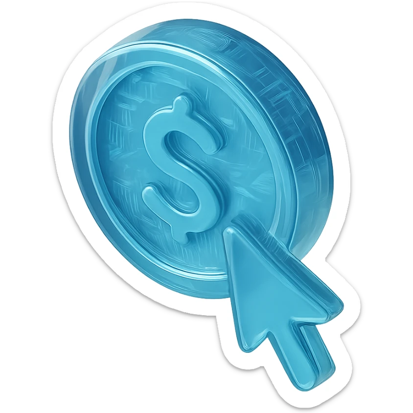 Icon of a coin with a mouse cursor clicking on it, modern and sleek, cyan blue sticker