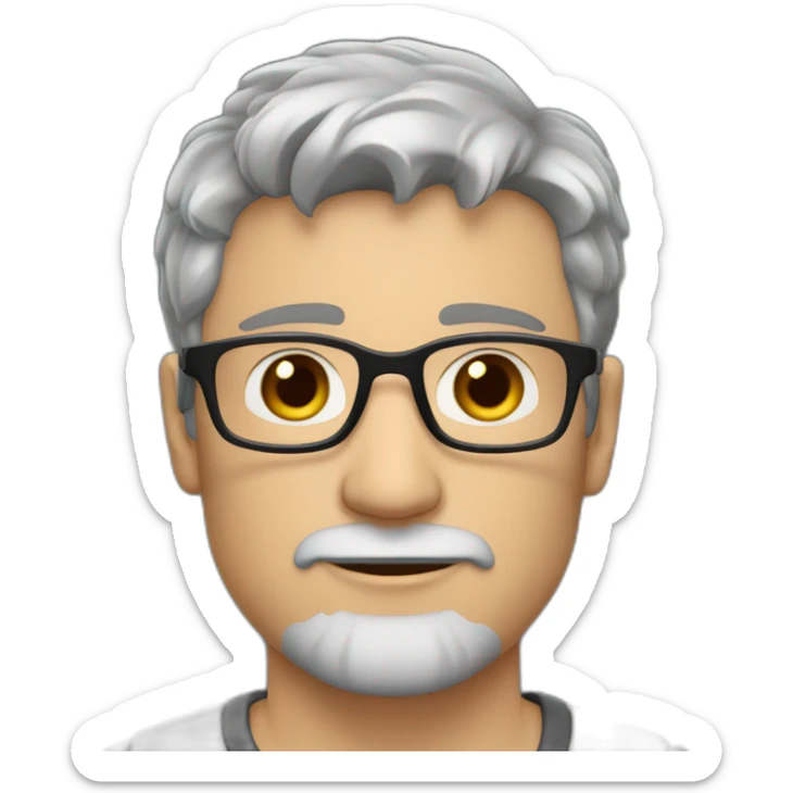 Caucasian man 40. brown eyes. short hair and short gray beard. disheveled without parting. black glasses sticker