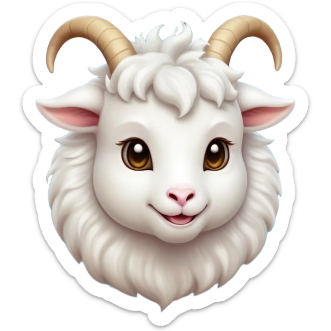 Cinematic Cute White Goat Portrait Emoji, Head tilted playfully and inquisitively, featuring a fluffy, immaculate white fur with charming curved horns, round, sparkling eyes filled with gentle curiosity, Simplified yet irresistibly adorable features, highly detailed, glowing with a warm, friendly glow, high shine, affectionate and lively, stylized with a touch of whimsical charm, bright and endearing, soft glowing outline, capturing the essence of a mischievous yet loving goat, so playful it feels like it could trot out of the screen and into your arms! sticker