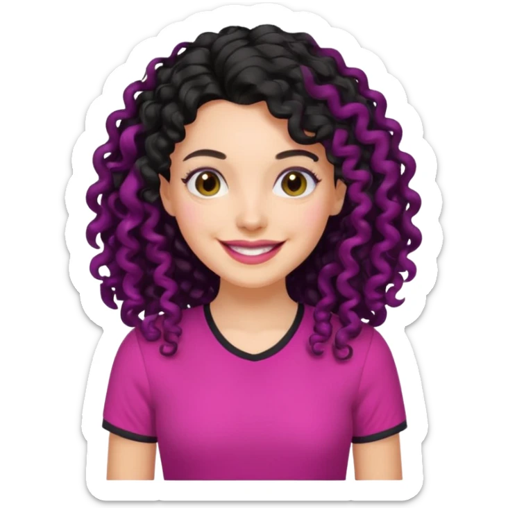 mujer blanca con cabello largo rizado negro sonriendo y con camisa fucsia sticker