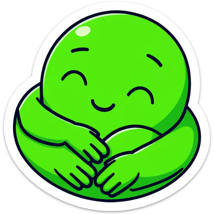 green face emoticon with closed eyes hugging a green heart, expressing care and support sticker