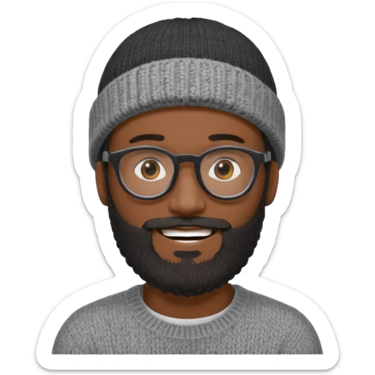 A dark-skinned man with a gray knit beanie, black glasses, a full beard, and a friendly smile. sticker