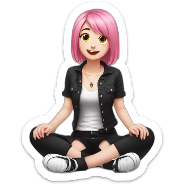 Full body Front view curvy emo girl pink hair sits on the floor straight view hands up black skirt белые трусики sticker