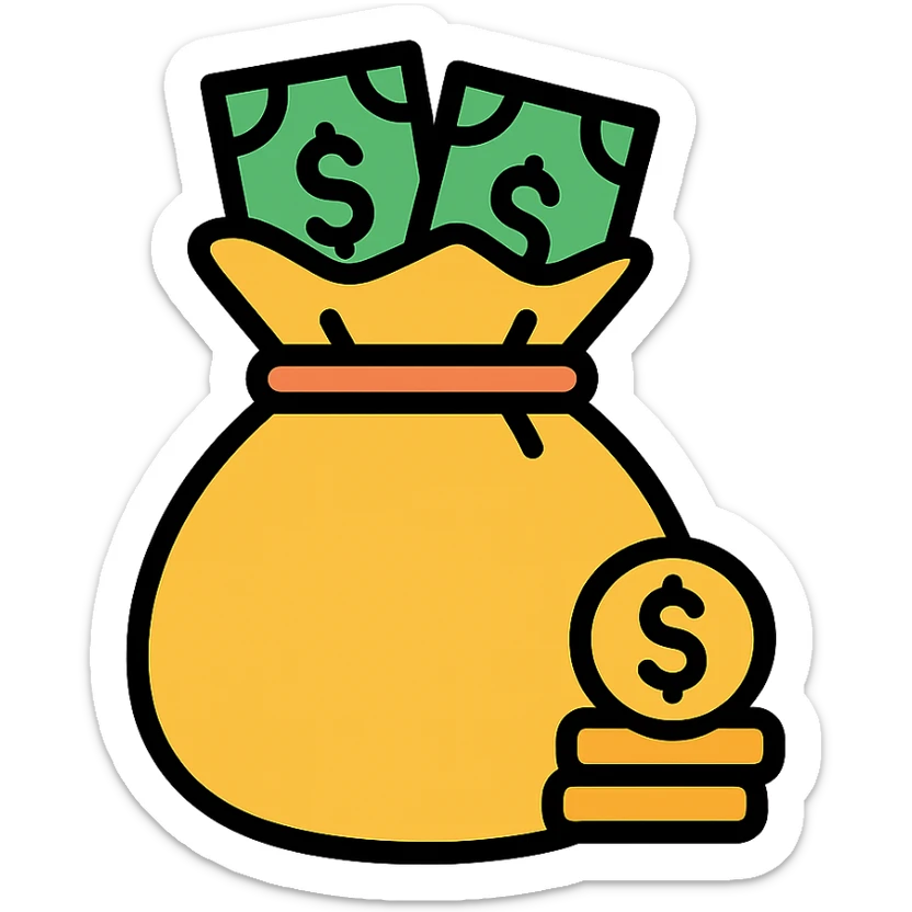 colored icon of a money bag with coins and banknotes peeking out sticker