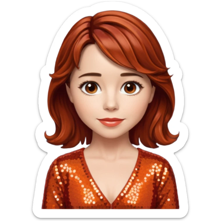 Linda Cardellini with reddish brown hair, red-orange sequin outfit sticker