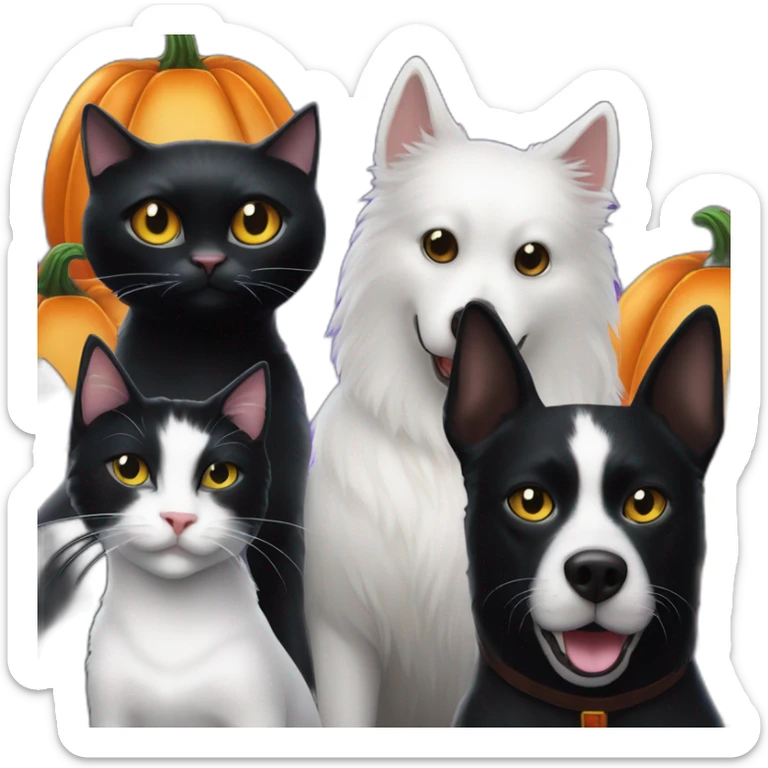 Completely Black cat next to two white dogs next to Halloween pumpkin with Elvira mistress of the dark sticker