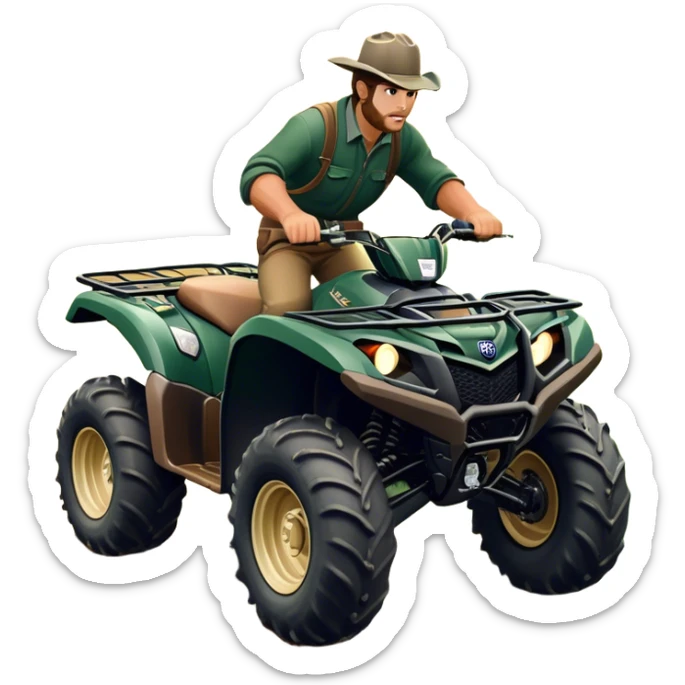 Yamaha Grizzly 700 (2019) – Cinematic-realistic Yamaha Grizzly 700 ATV, its dark green frame tearing through muddy trails. Thick off-road tires grip the rugged terrain as a farmer rides across the paddock, herding cattle with precision under a golden sunset. sticker