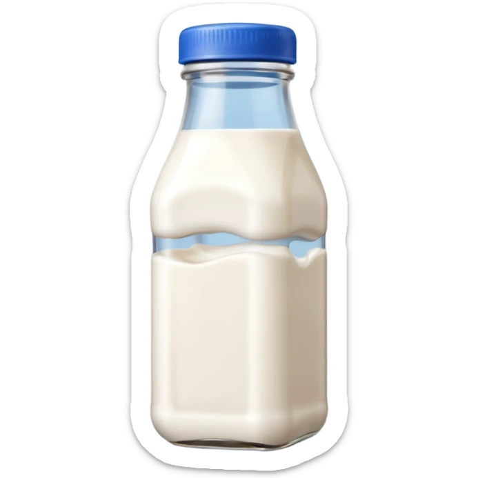 A 3D cartoon glass bottle of cow’s milk — white liquid, blue cap, clear reflections, Memoji-style rendering. sticker