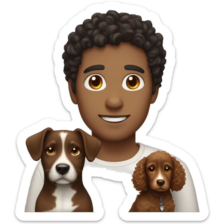 dark haired guy and dark haired curly girl with brown dog sticker