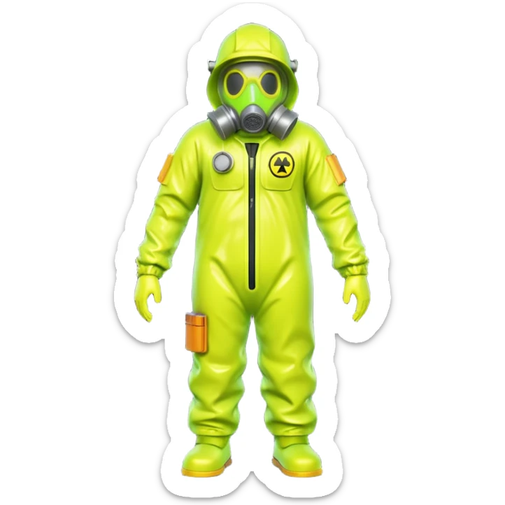 3D render of Hazmat Suit, toxic waste aesthetic, neon green bubbling liquid, caution yellow metal, industrial warning texture. sticker
