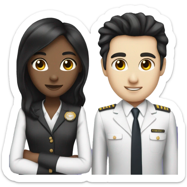 Flight attendant with long black hair and white skin with a pilot man with black hair sticker