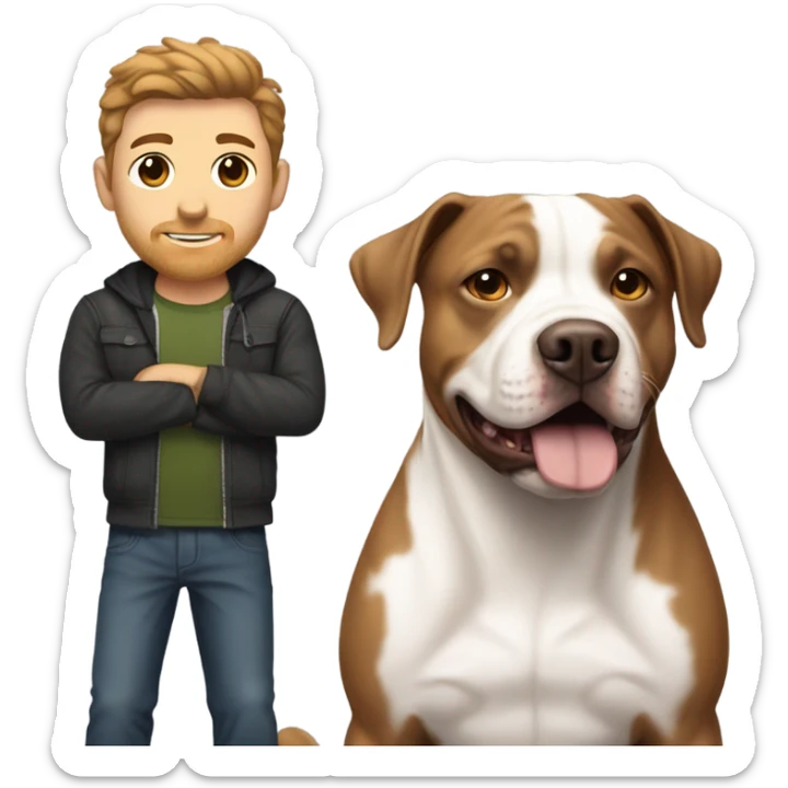 white male with dark brown hair and a lightly scruffy beard shadow standing alongside a white and brown pitbull sticker