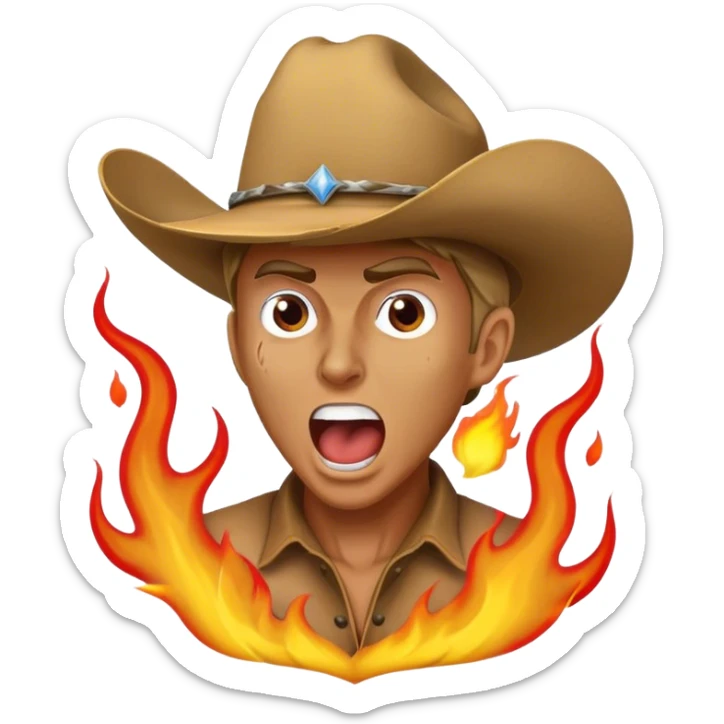 angry country music guy screaming wearing a cowboy hat mixed a heavy metal guy with flames coming out the back sticker