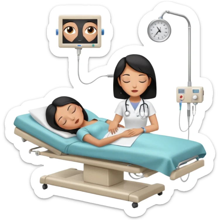 A black-haired woman in her 50s lying on an examination bed with eyes closed, shown in a wide, full-body shot in a clean colonoscopy procedure room. Only the patient is visible. sticker