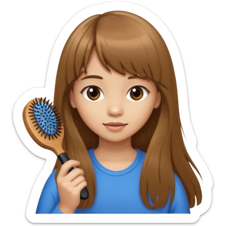 a girl with light skin and medium brown long hair with bangs who is brushing her hair with a hairbrush sticker