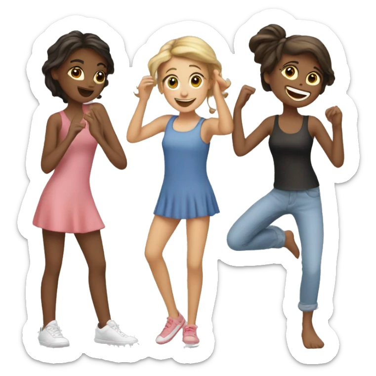4 girls : 1 girl IS dancing and others IS wathing sticker