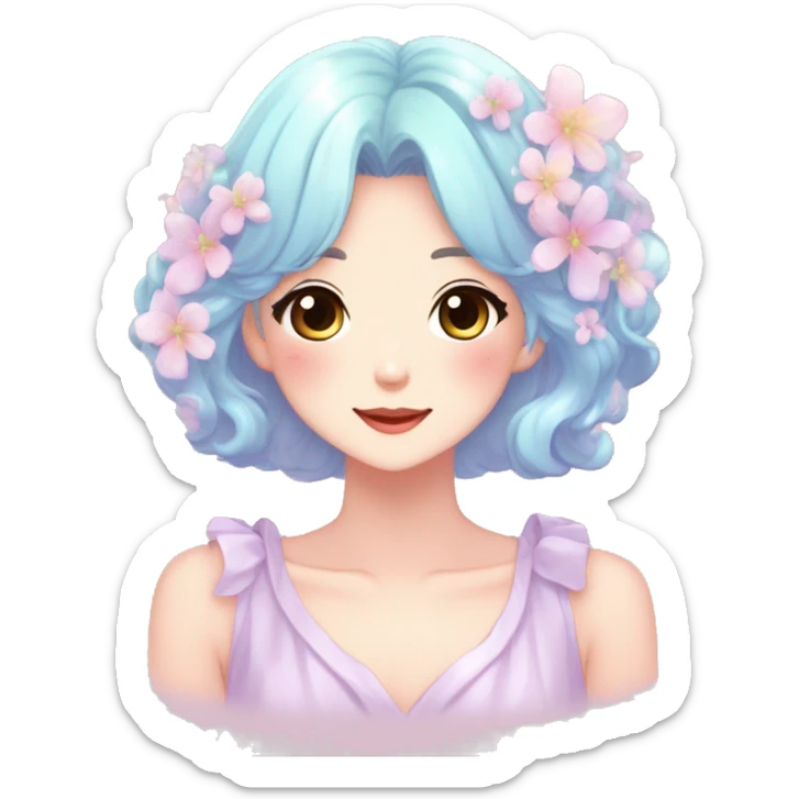 Gorgeous anime style lady blushing face dreamy idol model colorful shiny flowers kawaii pastelcore cottagecore pearly petite simplistic aesthetic trending style sticker