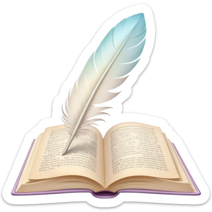 Create a delicate and poetic emoji representing poetry. The design should feature several elegantly flying pages with short poetic columns written on them. The pages should appear light and flowing, almost as if being carried by the wind. Include one white feather, gently resting on the pages, symbolizing creativity and inspiration. Use soft, pastel tones to give it a dreamy, artistic feel. The design should feel ethereal and whimsical, capturing the essence of poetry. Make the background transparent. sticker