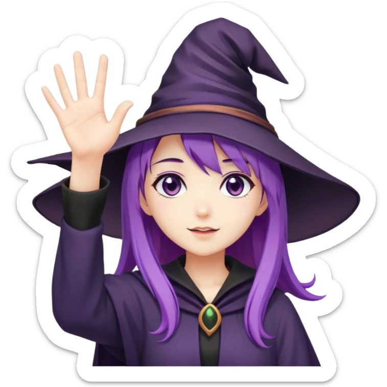 anime girl with purple hair in witch hat waving hand sticker