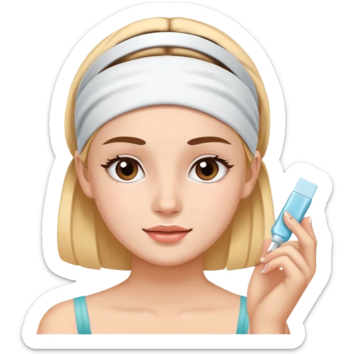 Girl applying skincare on her face with a skincare headband on sticker