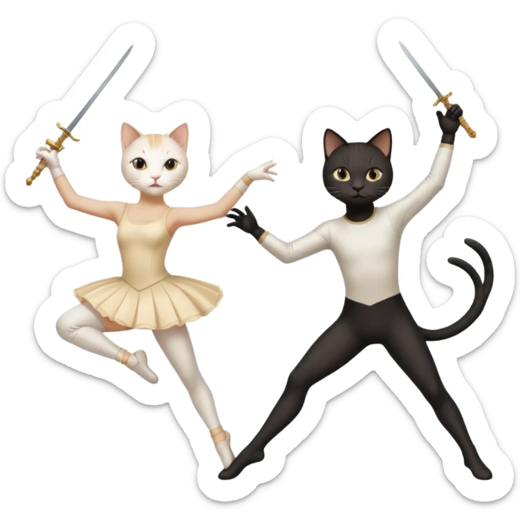 A white female cat doing ballet and a black male cat doing fencing sticker