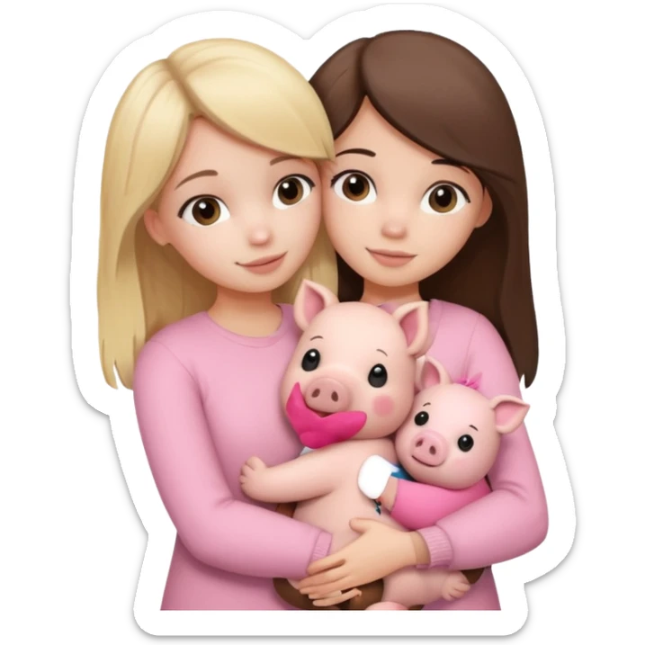 Girlfriends, blonde and brunette, hugging each other with a teddy bear and a little pig sticker