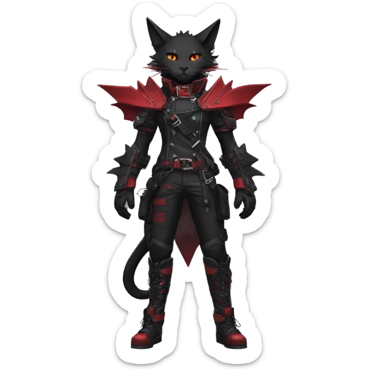Anthro cool edgy elegant pretty black punk techwear red fantasy nargacuga-bat-cat-Fakemon collar harness warrior full body sticker