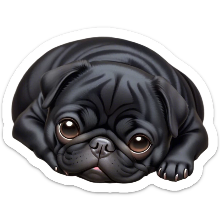 Cinematic Meme-Worthy Chubby Sleeping Black Pug Portrait Emoji, Head resting peacefully with a contented smile, showcasing a delightfully chubby build and a luxuriously soft black coat, eyes shut in a serene nap, Simplified yet hilariously adorable features, highly detailed, glowing with a soft, drowsy light, high shine, relaxed and utterly lovable, stylized with an air of playful laziness, bright and heartwarming, soft glowing outline, capturing the essence of a comically sleepy companion, so meme-worthy it feels like it could instantly become the next viral sensation of adorable slumber! sticker