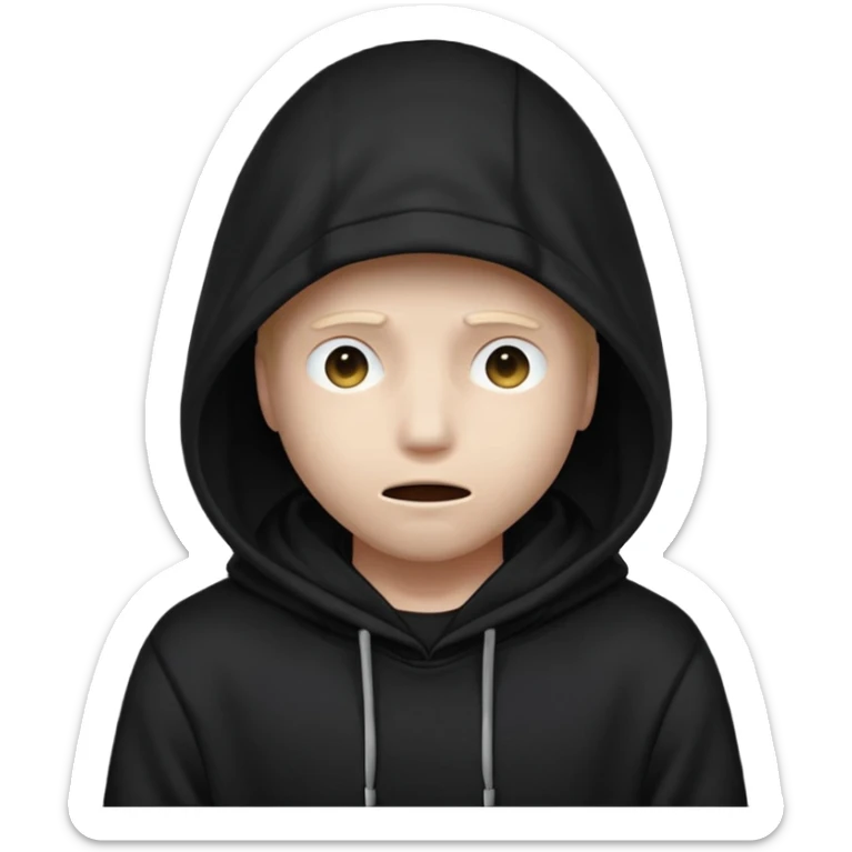 A mysterious character in a black hoodie, with the hood completely hiding their face in darkness—no eyes, no mouth visible. The overall atmosphere is dark and enigmatic, with a soft light from behind.
 sticker