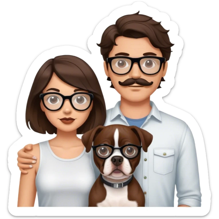 young hip cool couple wavy hair brunette man w wire glasses and mustache and brunette girl with bob and a brown pitbull boston terrier  sticker
