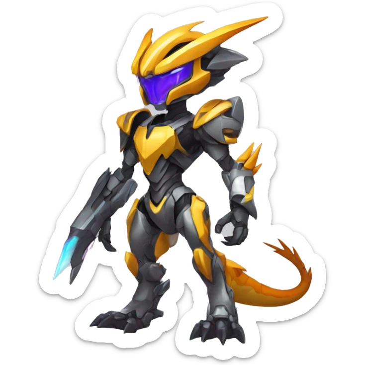 Colorful Edgy Chibi WarGreymon-Velociraptor-Genesect-Fakémon-Pokémon wearing a with a futuristic visor-helmet And Mecha-suit Full Body sticker