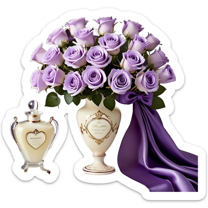 A luxurious bouquet of delicate light violet Ascott tea roses, carefully arranged in an elegant ivory porcelain vase, placed next to a deep purple satin fabric that drapes gracefully. A stunning lavender butterfly with intricate wing patterns rests gently on one of the roses. An exquisite ivory silk ribbon cascades across the scene, intertwining with a vintage-style perfume flacon in a pearlescent hue, adorned with an ornate golden atomizer, evoking timeless elegance sticker