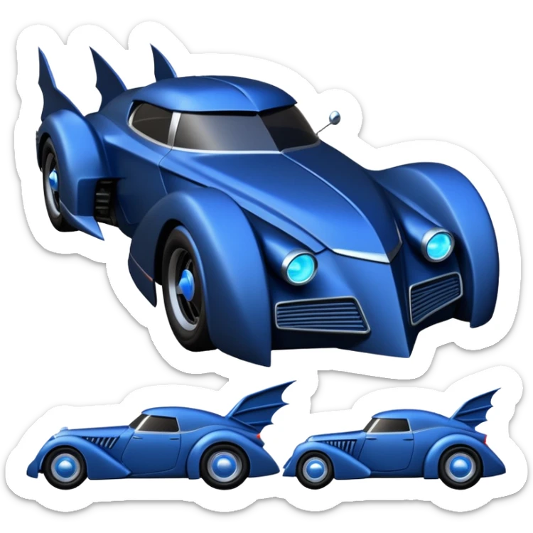 the animated series aerodynamic alien opulent dark knight futuristic concept Batmobile loosely based on 1936 cord 812(flat long straight faceted mechanical body) winged stealthy blue headlight covers street hot rod  sticker
