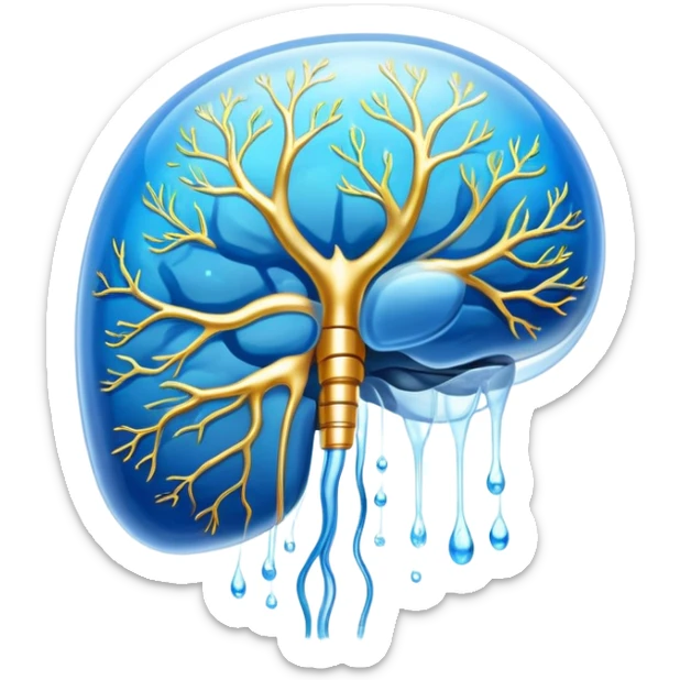 Ethereal omega-3 capsule with flowing golden energy connecting to a shimmering brain (cognition), heart (cardiovascular health), joint (anti-inflammatory), and eye (vision). Each connection glows with healing light, all suspended in a dreamlike blue atmosphere. sticker