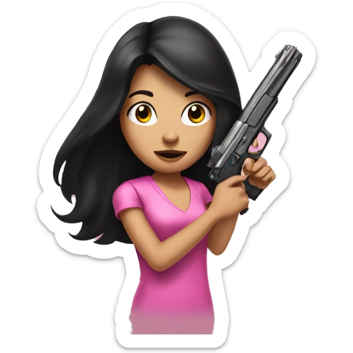 Girl with long black hair holding pink gun sticker